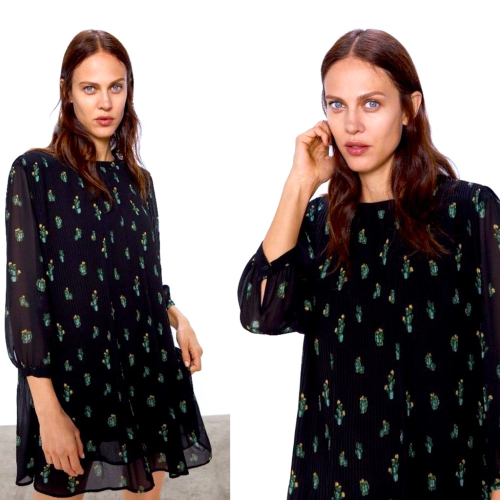 ZARA "THE ANNIE DRESS" CACTUS PRINT PLEATED DRESS